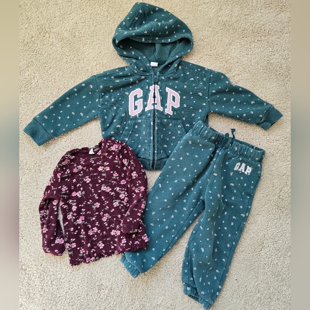 babyGap Logo Zip Hoodie and Pants Set with Floral Long Sleeve Top